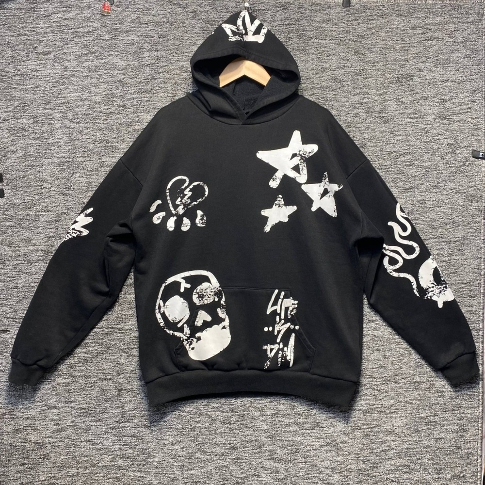 acSun Black XL Life Is Dim Graffiti Skull Flame Oversized Hoodie Sweatshirt AOP